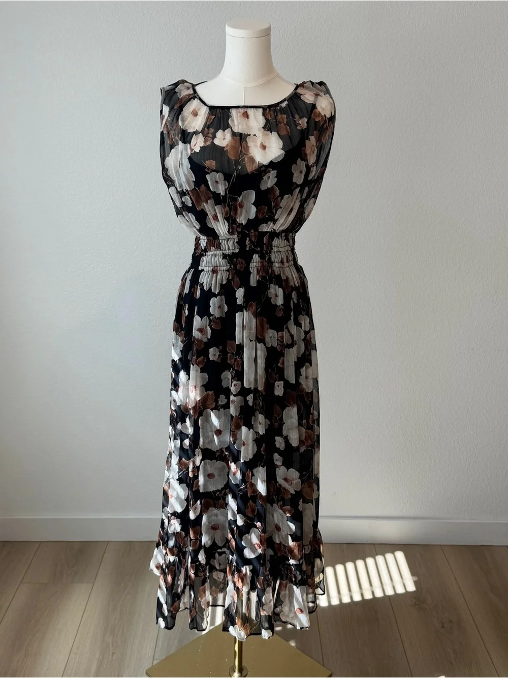 Abercrombie & Fitch Black Floral Maxi Dress with Brown and White Blooms